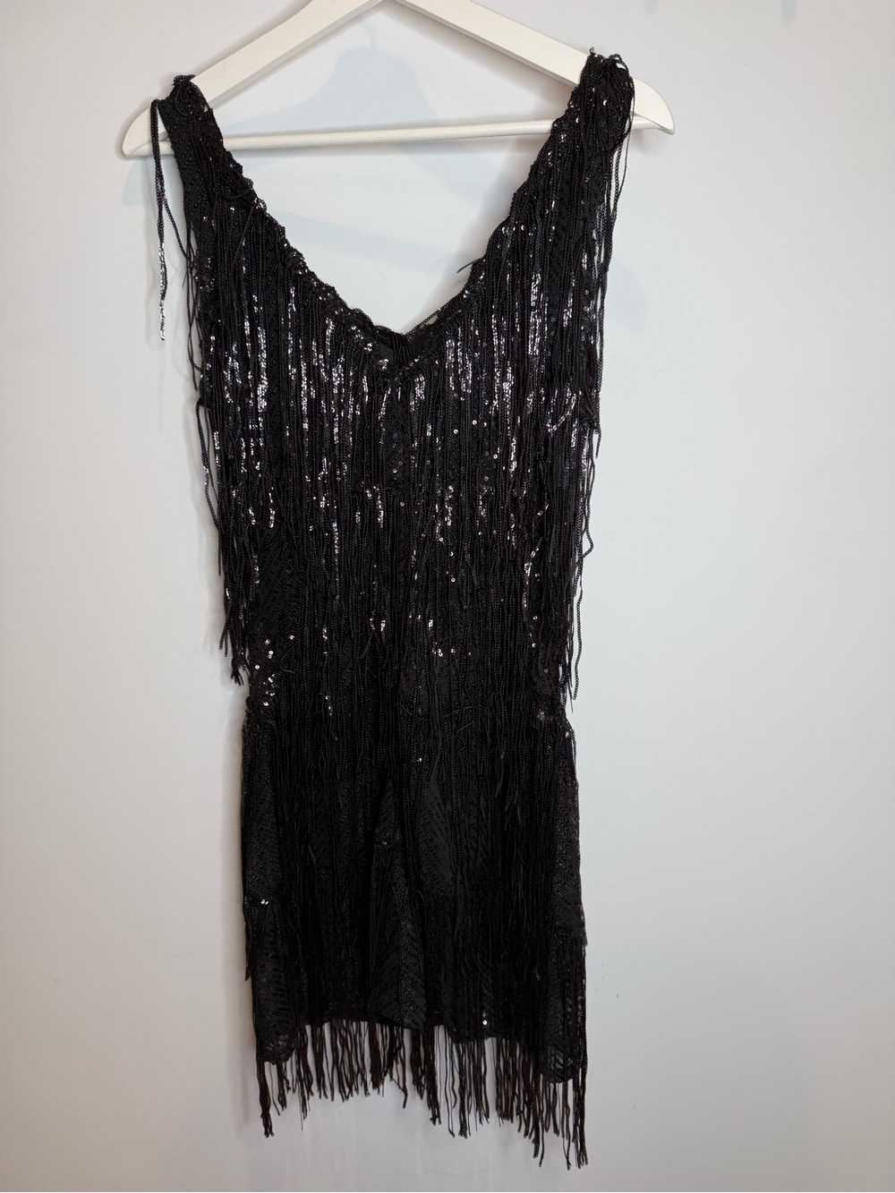 Gatsby Flapper Costume Black Fringe Sequin V-Neck Dress for Women